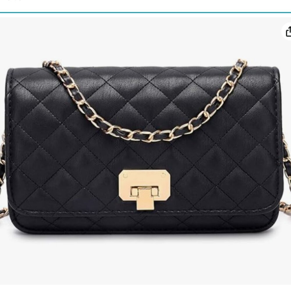 Women Black Quilted Purse Lattice Clutch Small Crossbody Shoulder Bag with Chain